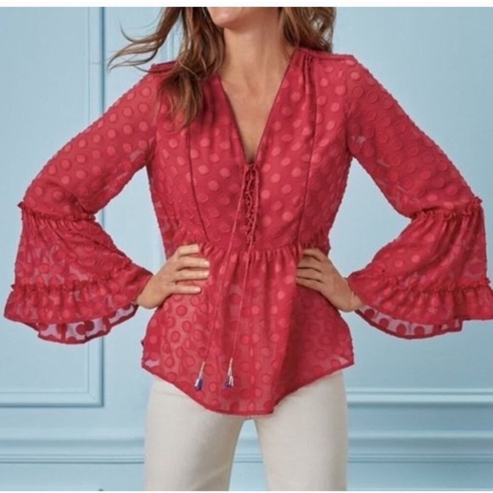 Soft Surroundings Red Besito Top Blouse Polka Dot Sheer Peplum Tassels Size L